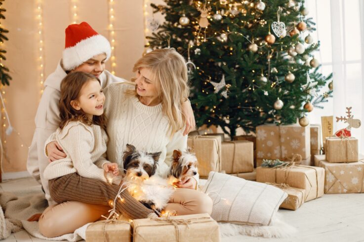 Little girl and her mom having fun near Christmas tree together